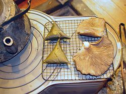 ヒラタケと粽を薪ストーブで焼く